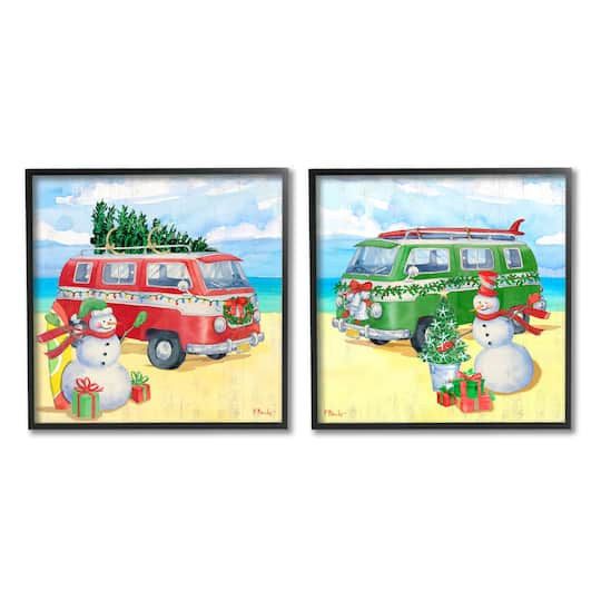 Stupell Industries Coastal Christmas Holiday Beach Snowmen 2 Piece Framed Giclee Art Set